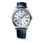 Quadrante argentato con numeri romani applicati e lancette in acciaio azzurrato dell'orologio Longines Master Collection automatico